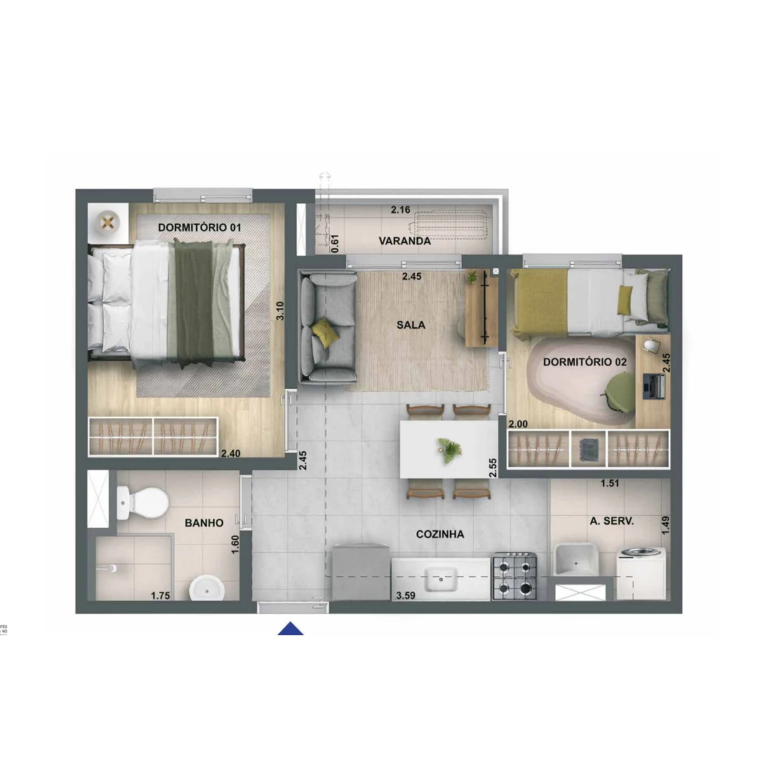 Planta baixa do apartamento de 2 quartos com varanda de 35,60 m² do Nova Leopoldina Cury em Ramos RJ