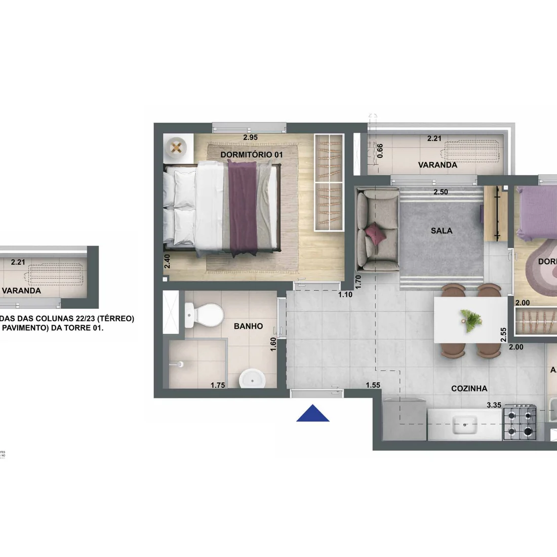 Planta baixa do apartamento de 2 quartos com varanda de 36,21 m² do Nova Leopoldina em Ramos, Zona Norte do Rio de Janeiro