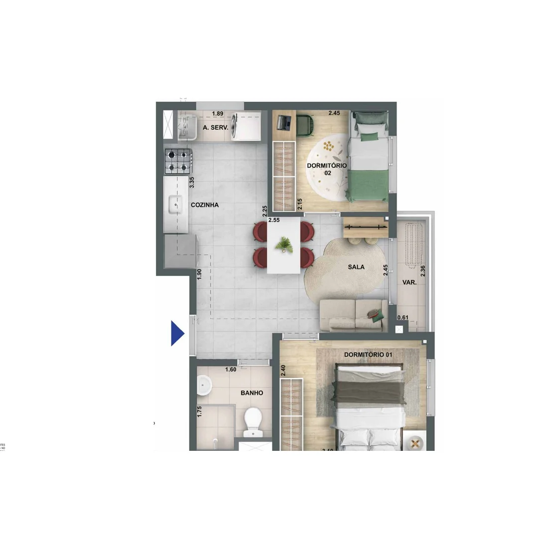 Planta baixa do maior apartamento de 2 quartos com varanda, 38,85 m², do Nova Leopoldina Cury em Ramos
