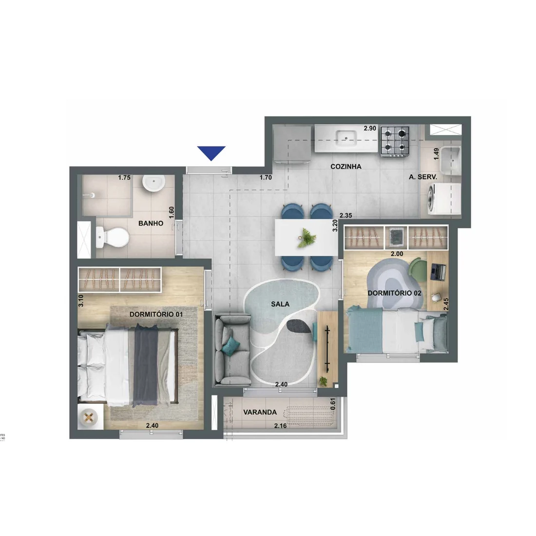 Planta baixa do apartamento de 2 quartos com varanda de 38,04 m² do Nova Leopoldina em Ramos RJ